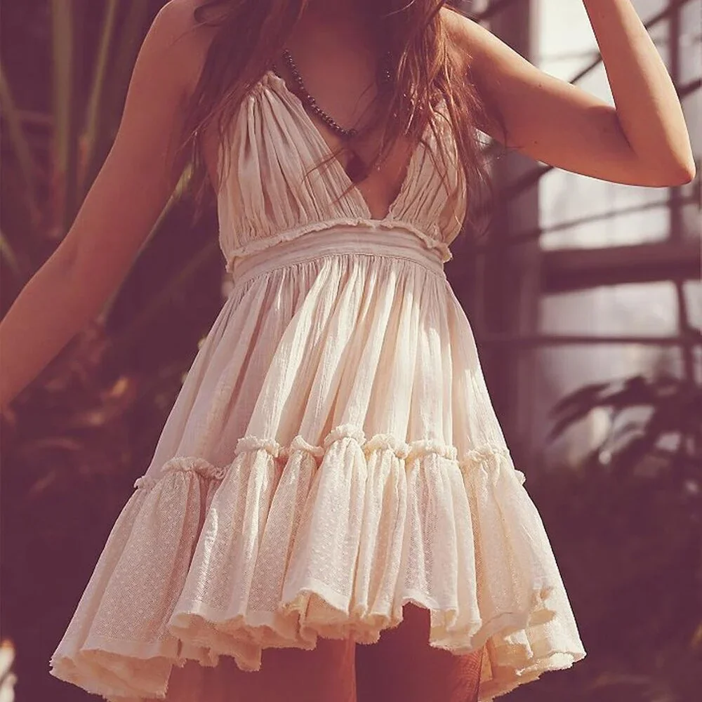 Womens Mini Dress Rayon Cotton Mesh Halter Deep V Neck Party Vacation - Picture 5 of 7